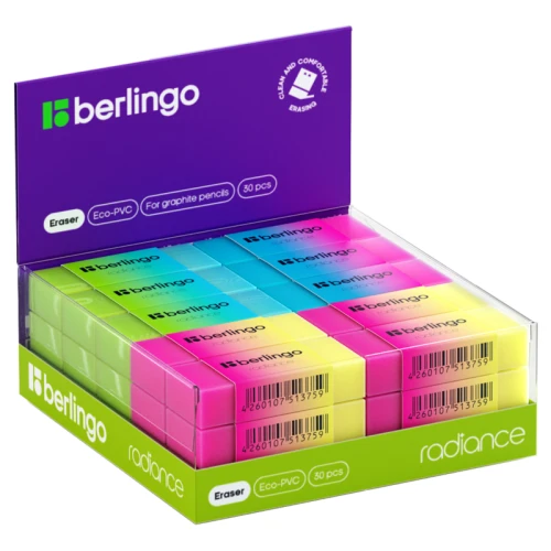 Ластик Berlingo "Radiance" прямоугольный, 50*18*10 мм, ассорти