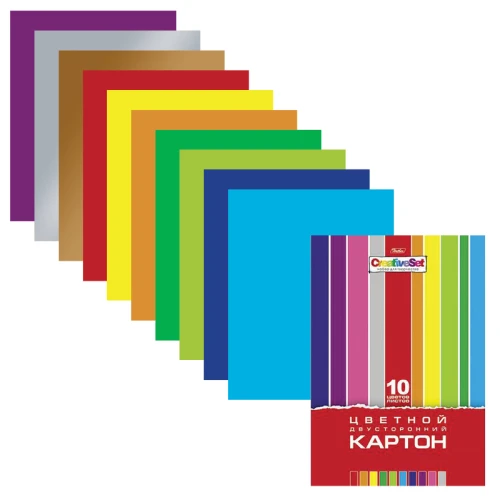 Картон цветной Hatber "Creative Set" двусторонний, мелованный, А4, 10 цветов, 10 листов