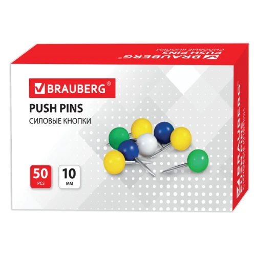 Кнопки-гвоздики BRAUBERG, силовые, цветные, 50 шт. в картонной коробке