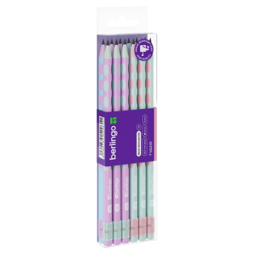Карандаш чернографитный Berlingo "Haze" HB, с ластиком, трехгранный, ассорти