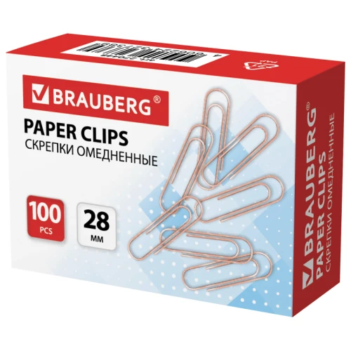 Скрепки канцелярские BRAUBERG 28 мм, омедненные, 100 шт. в картонной коробке