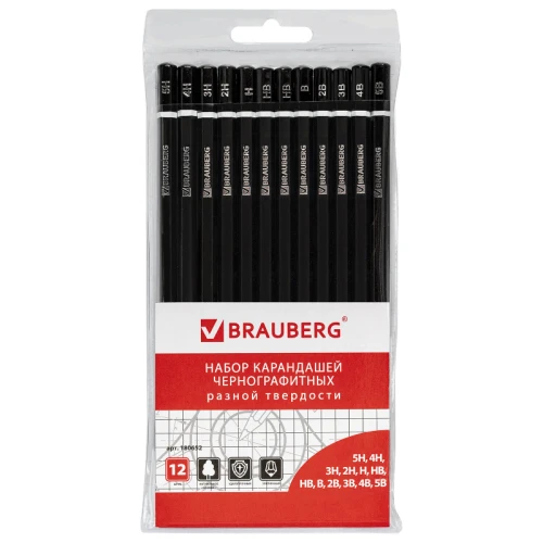 Набор карандашей чернографитных BRAUBERG "Line" 5Н-5В, 12 шт.