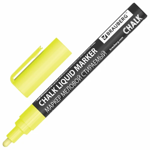 Маркер меловой BRAUBERG "CHALK" стираемый, 3 мм, желтый