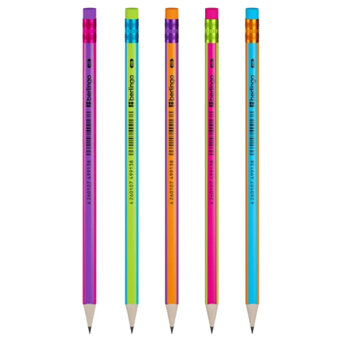 Карандаш чернографитный Berlingo "Fuze" HB, с ластиком, трехгранный, ассорти