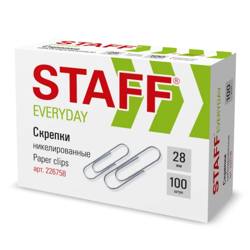Скрепки канцелярские STAFF "EVERYDAY" 28 мм, никелированные, 100 шт. в картонной коробке