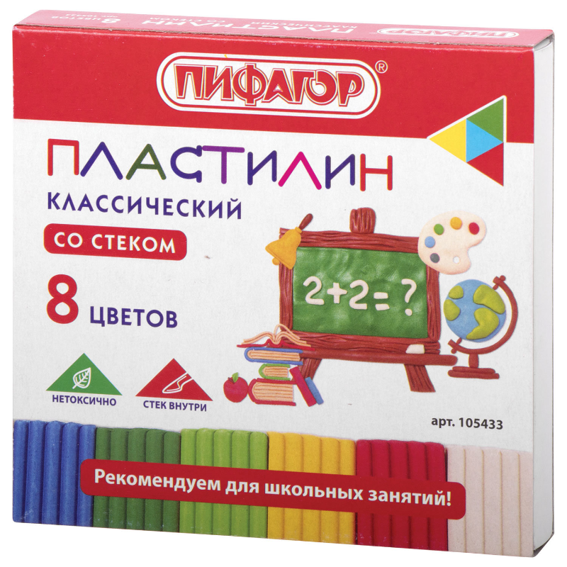 Пластилин ПИФАГОР 8 цветов, 120 гр, со стеком