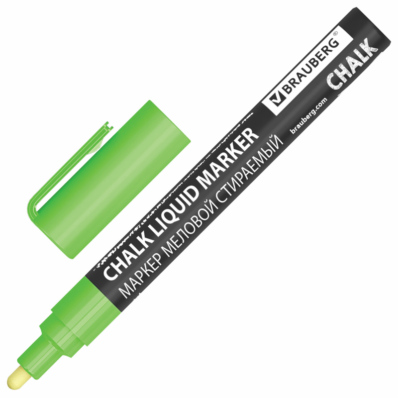 Маркер меловой BRAUBERG "CHALK" стираемый, 3 мм, зеленый