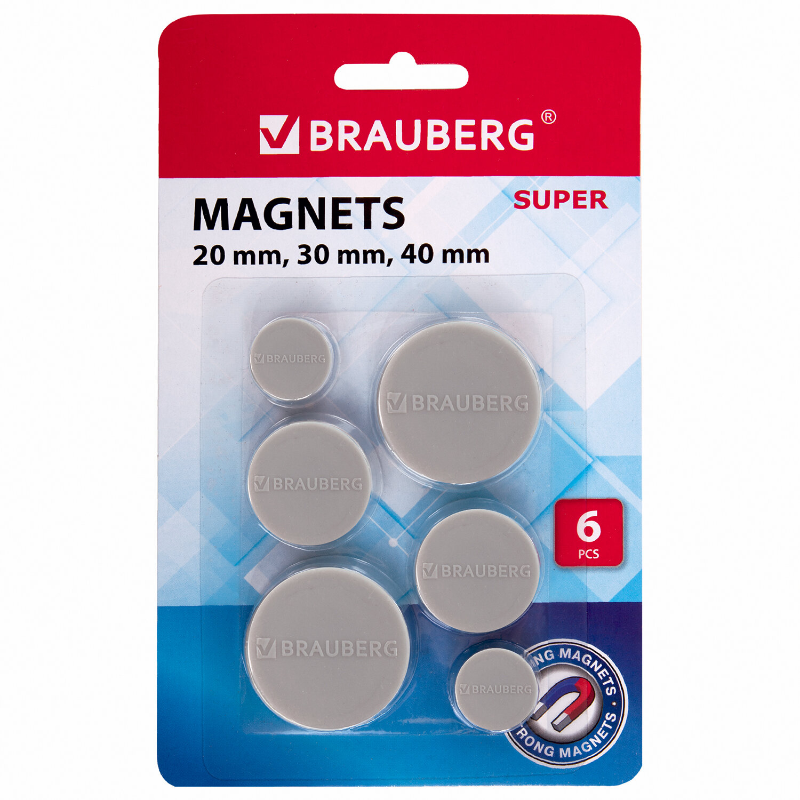 Магнит для досок мощный BRAUBERG "SUPER" 20/30/40 мм, 6 шт, серый