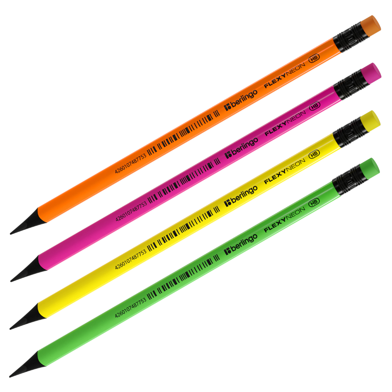 Карандаш чернографитный Berlingo "Flexy Neon" HB, с ластиком, трехгранный, ассорти